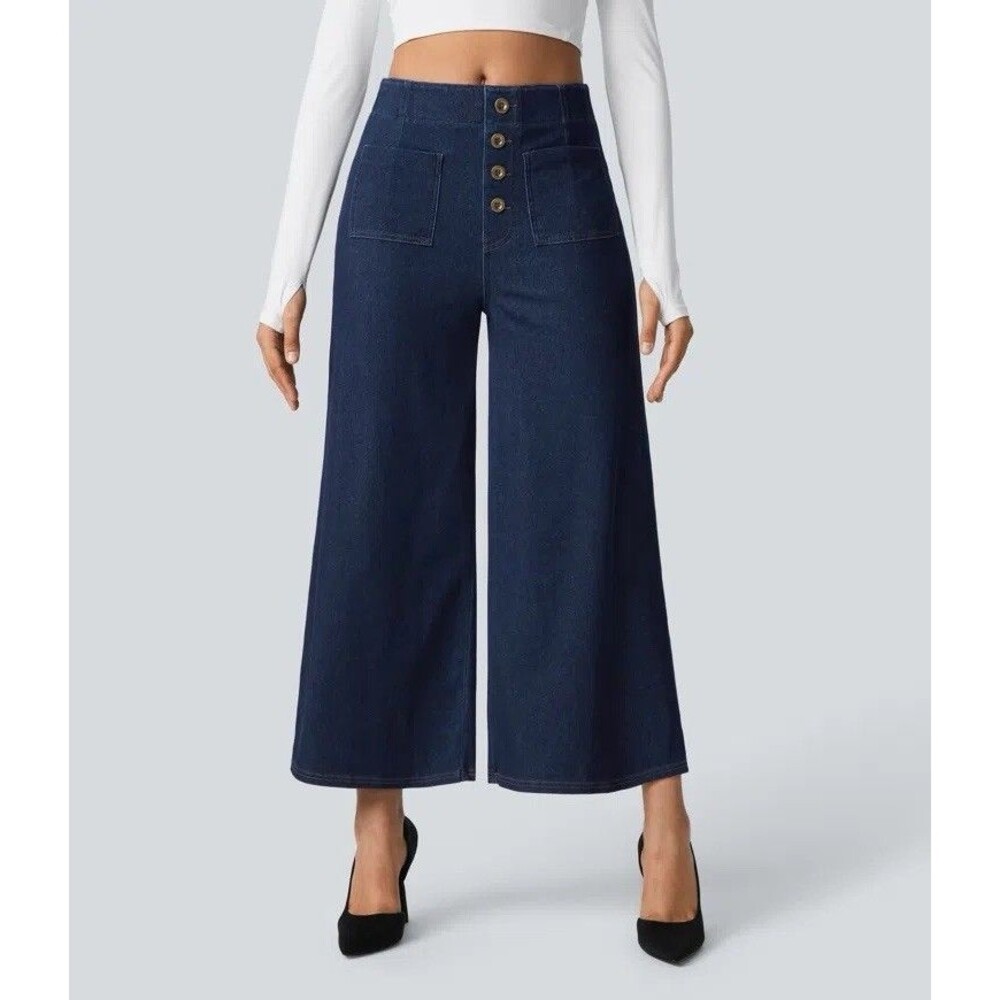 Halara Flex High Waisted Pockets RolledHem Wide Leg Washed Casual Jeans Size XL